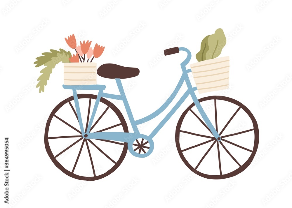 Cute hand drawn bicycle or bike isolated on white background. Urban eco friendly pedal transport carrying baskets with flowers and plants vector flat illustration. Retro vehicle with flower bouquet - obrazy, fototapety, plakaty 