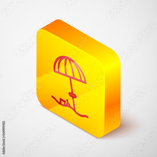 Isometric line Sun protective umbrella for beach icon isolated on grey background. Large parasol for outdoor space. Beach umbrella. Yellow square button. Vector Illustration.