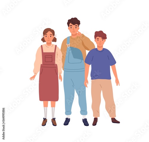 Group of modern children or teen standing together vector flat illustration. Smiling girl and boys posing isolated on white background. Cheerful teenagers in casual clothes. Youth lifestyle