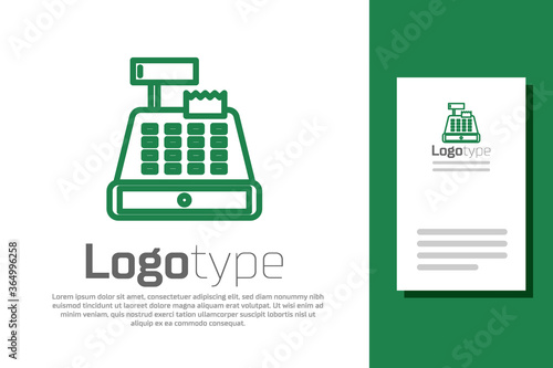 Green line Cash register machine with a check icon isolated on white background. Cashier sign. Cashbox symbol. Logo design template element. Vector Illustration.