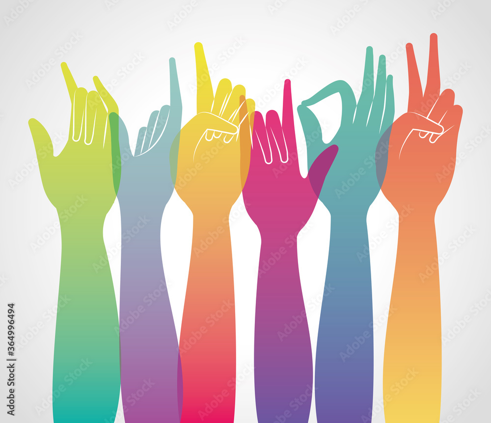 Fototapeta premium wielobarwny gradientowe ręce do góry projekt osób ramię palec osoba dowiedzieć się komunikacji opieki zdrowotnej tematu ilustracji wektorowych