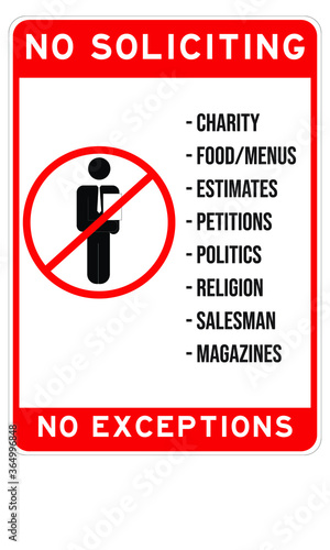 No soliciting no exceptions sign solicitation examples listed with a person holding and item behind a no or prohibit sign.