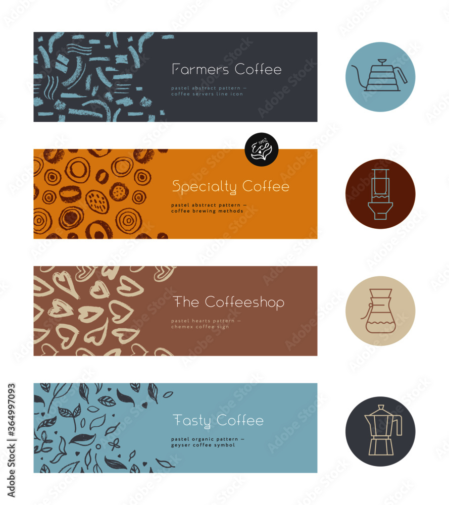 Specialty coffee concept with vector line icons. Coffee brewing methods banner. Set of icon for coffeeshop sign. Template label design for farmers coffee. Arabica badge on textured pattern background.