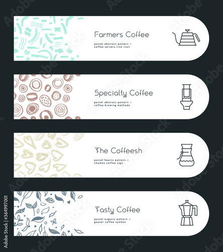 Specialty coffee concept with vector line icons. Coffee brewing methods banner. Set of icon for coffeeshop sign. Template label design for farmers coffee. Arabica badge on textured pattern background.