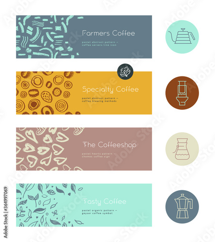 Specialty coffee concept with vector line icons. Coffee brewing methods banner. Set of icon for coffeeshop sign. Template label design for farmers coffee. Arabica badge on textured pattern background.