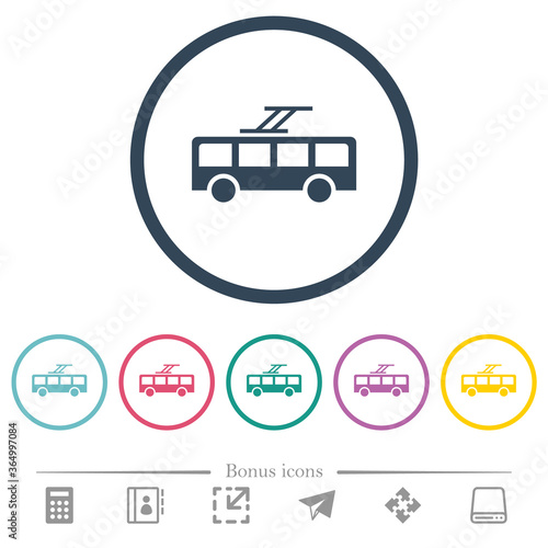 Trolley bus flat color icons in round outlines