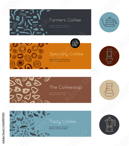 Specialty coffee concept with vector line icons. Coffee brewing methods banner. Set of icon for coffeeshop sign. Template label design for farmers coffee. Arabica badge on textured pattern background.