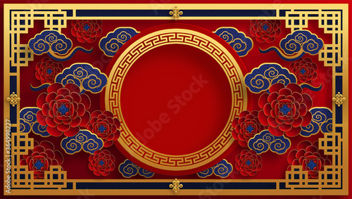 Chinese new year 2021 year of the ox , red paper cut ox character,flower and asian elements with craft style on background.(Chinese translation : Happy chinese new year 2021, year of ox)