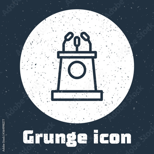 Grunge line Stage stand or debate podium rostrum icon isolated on grey background. Conference speech tribune. Monochrome vintage drawing. Vector Illustration.