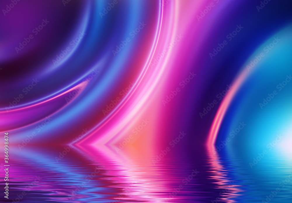Abstract dark futuristic background. Neon rays of light are reflected from the water. Background of empty stage show, beach party. 3d illustration Abstract dark futuristic background. Neon rays of light are reflected from the water. Background of empty stage show, beach party. 3d illustration