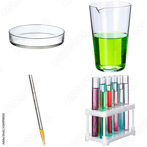 Collage of laboratory glassware on white background