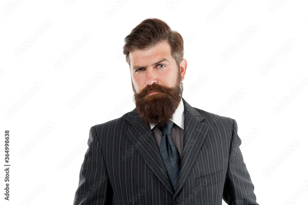 Business man wear suit. Serious bearded man. Boss or director. Handsome hipster white background. Menswear concept. Express your individuality. Fashion boutique. Successful man in suit. Timeless suit