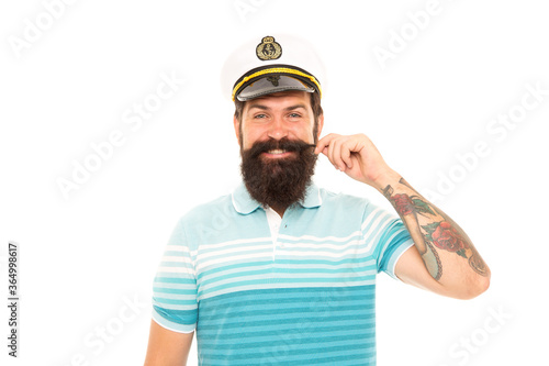 Born to play with storms and winds. Sea captain isolated on white. Happy captain twirl mustache. Captain commander of ship. Bearded man in captain uniform. World cruise. Marine adventure. Sea travel © be free