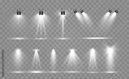 Searchlight collection for stage lighting, light transparent effects. Bright beautiful lighting with spotlights.