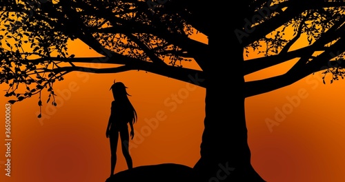 Beautiful girl standing under a tree during sunset time orange yellow background