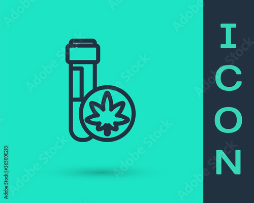 Black line Chemical test tube with marijuana or cannabis leaf icon isolated on green background. Research concept. Laboratory CBD oil. Vector Illustration.