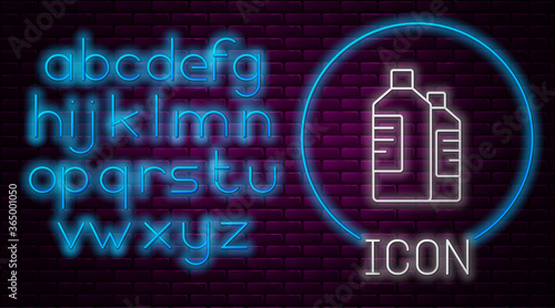 Glowing neon line Plastic bottles for laundry detergent, bleach, dishwashing liquid or another cleaning agent icon isolated on brick wall background. Neon light alphabet. Vector Illustration.