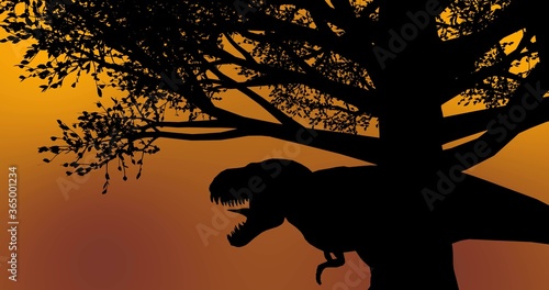 Black dinosaur roaring under a dark tree during sunset sunrise time