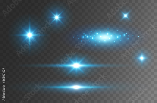 Flare light effect isolated on transparent background. Blue flash lense rays and spotlight beams set. Glow star burst with sparkles