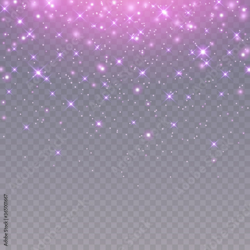 Pink glitter texture and white glowing lights effect with confetti. Vector star sparks isolated on purple magic transparent background for greeting card design