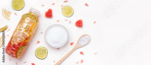 The concept of sports drinks with collagen. Collagen powder on a white background. Copy space