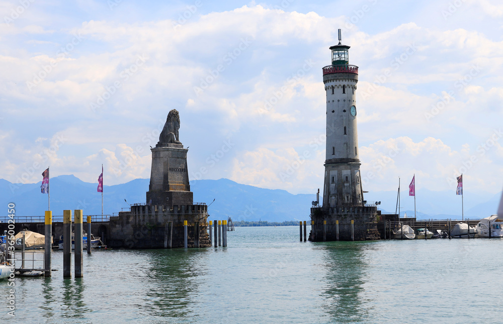 The picturesque harbour of the town Lindau at the Lake Constance, Bodensee, Bavaria in Germany, Europe