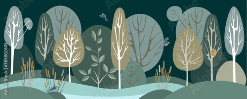 Abstract Forest Night Landscape. Green background vector flat cartoon illustration.	