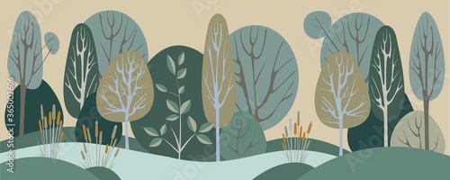 Abstract forest landscape. Green background vector flat cartoon illustration.