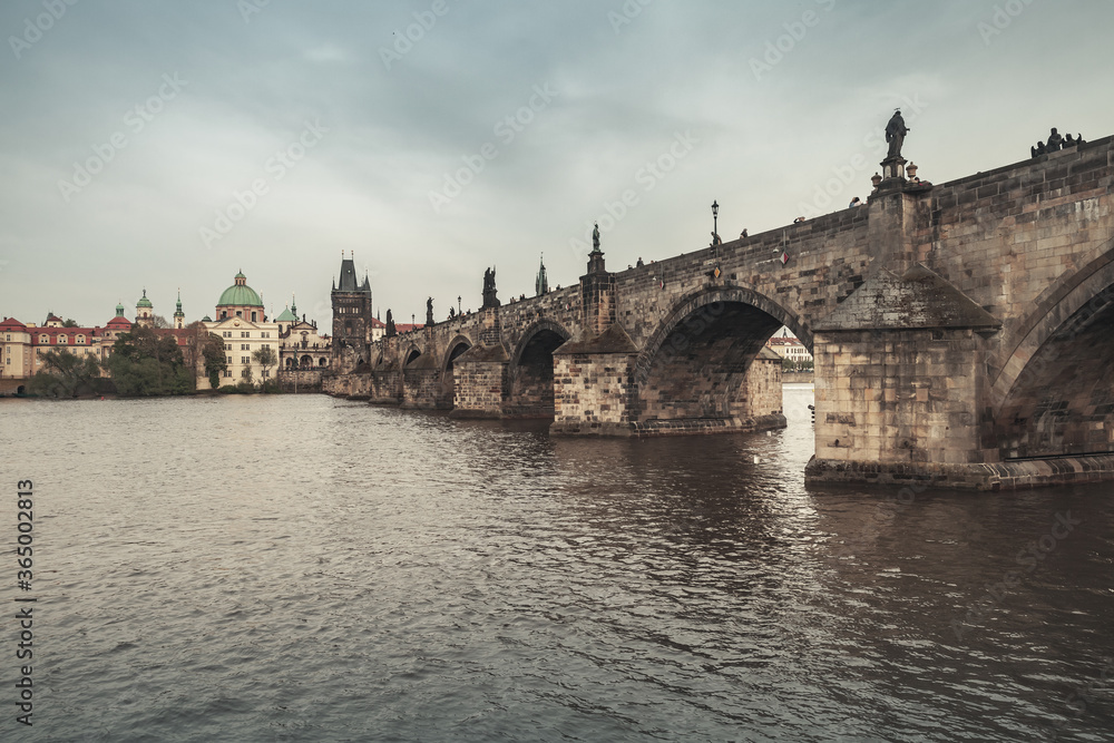 Charles Bridge over Vltava river. Old Prague town