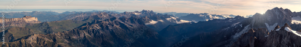 Panorama of mountain range at down. Mont Blanc massif
