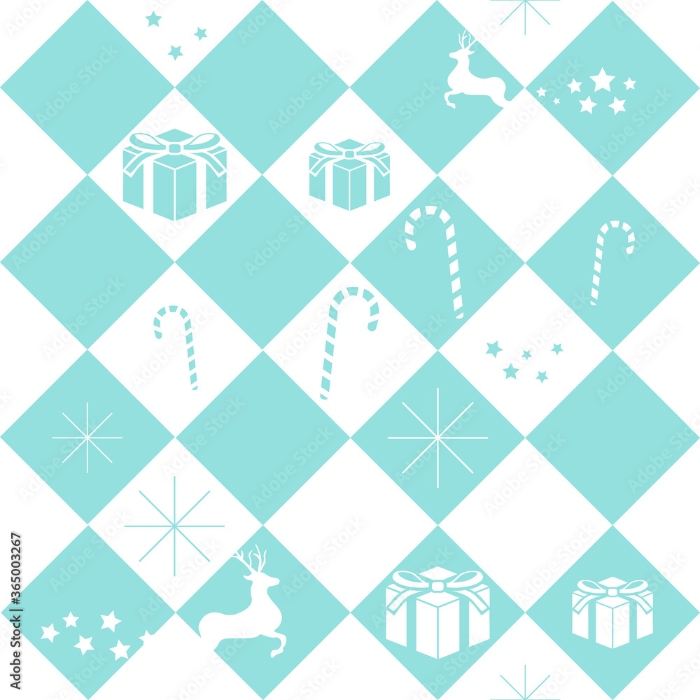 Christmas seamless pattern with gifts, candy canes, stars and reindeers. Repetitive pattern design on blue-transparent background.