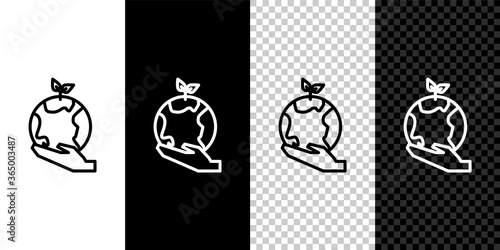 Set line Human hands holding Earth globe icon isolated on black and white background. Save earth concept. Vector Illustration.