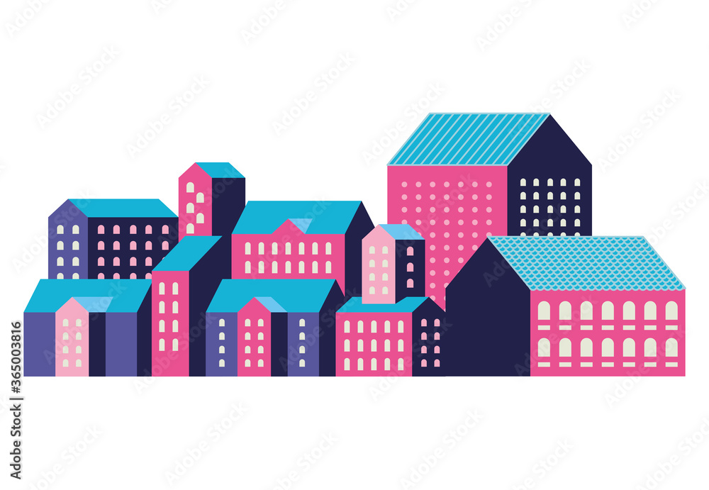 Pink blue and purple city buildings design, Abstract geometric architecture and urban theme illustration