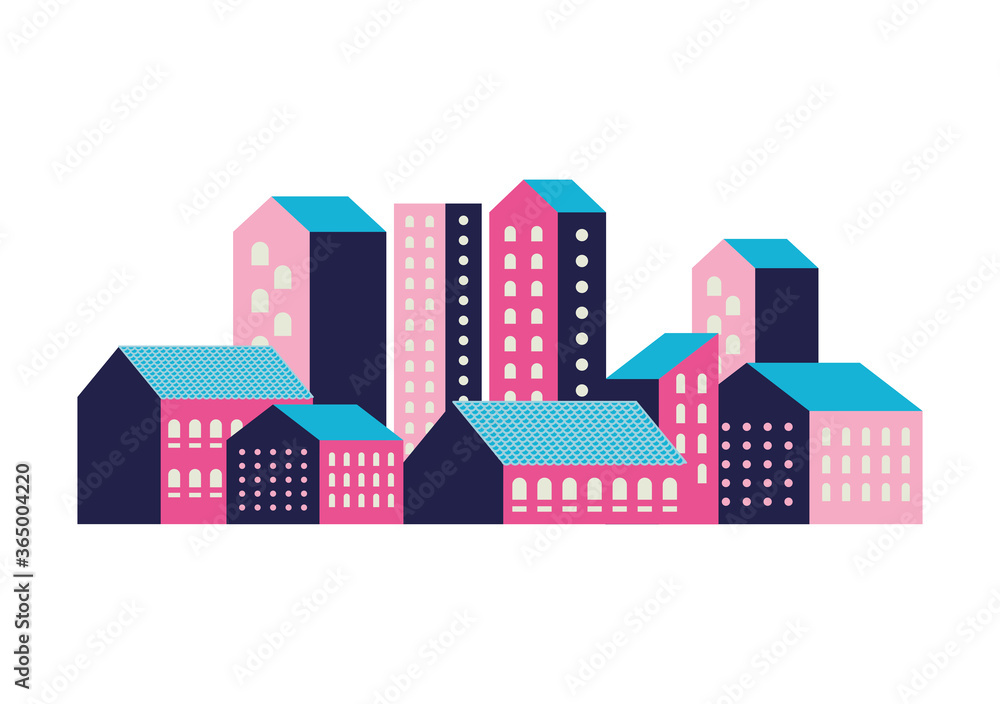 Pink and blue city buildings design, Abstract geometric architecture and urban theme illustration
