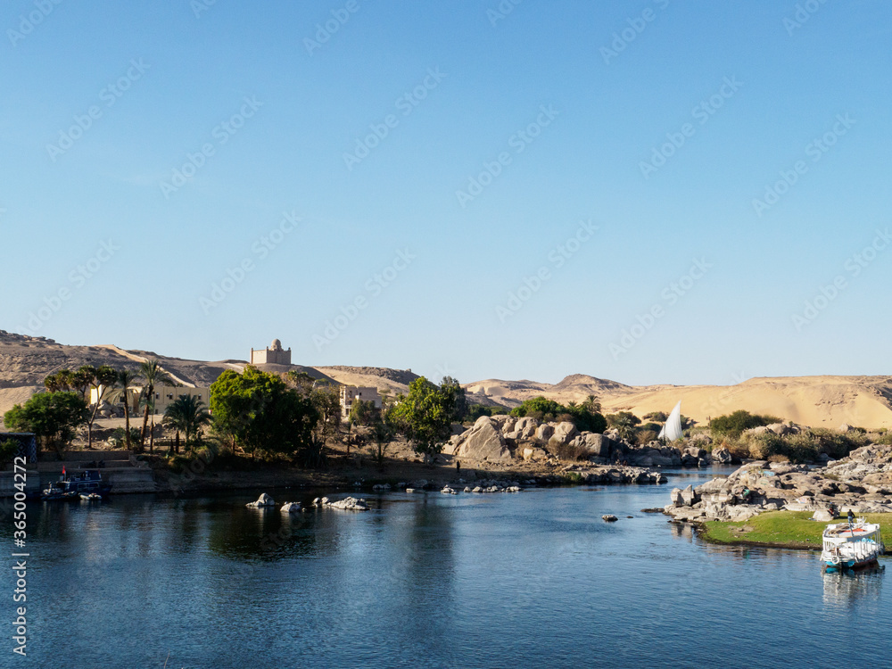 beautiful nubian landscape near aswan with river nile and the desert
