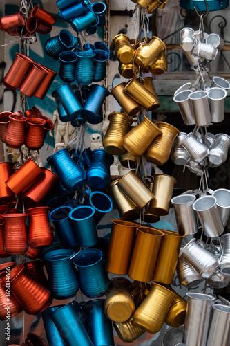 Patterns of colorful jugs in a souvenir's shop of Plaka, Athens