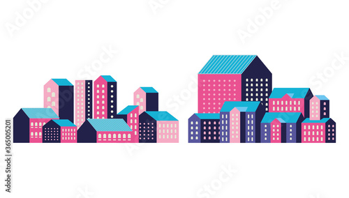 Pink blue and purple city buildings design, Abstract geometric architecture and urban theme illustration
