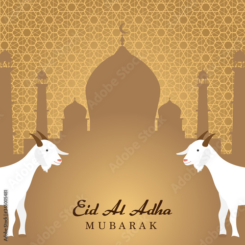 Eid Al Adha Mubarak background Vector illustration, Goats and Beautiful mosque on Arabic pattern background.