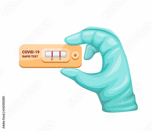 Hand wear protective glove holding rapid test pack, corona virus blood test device symbol in cartoon illustration vector on white background