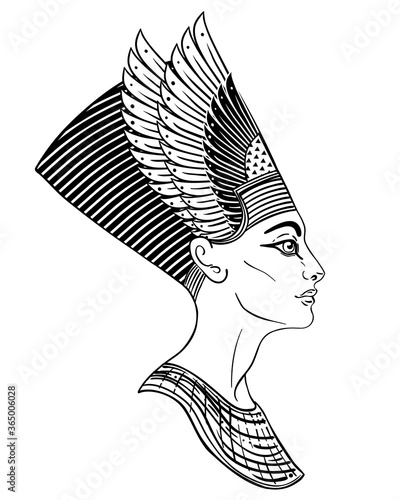 Egyptian queen Nefertiti isolated on white background. Great Royal Wife of the Egyptian Pharaoh Akhenaten. Illustration isolated vector.