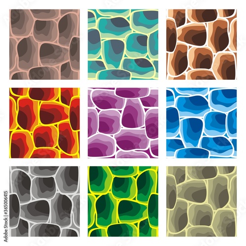 collection of stones texture seamless pattern in various colour,
 in cartoon vector style