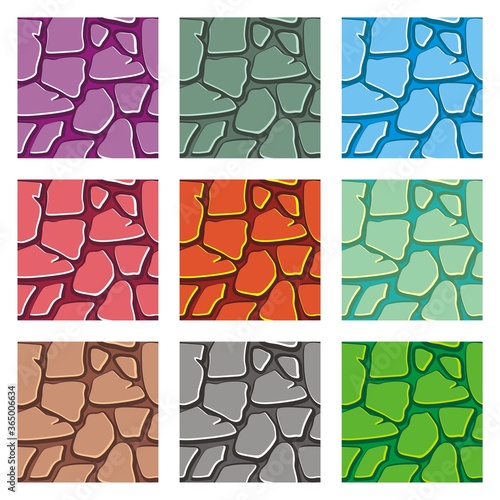 collection of stones texture seamless pattern in various colour,
 in cartoon vector style