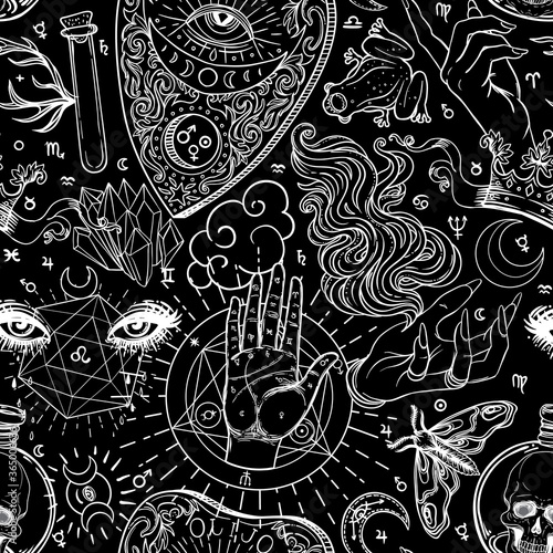 Mystic, magic, background. Religion and the occultism with esoteric and masonic symbols. Medieval manuscript inspired. Vector seamless pattern in retro style. Repeating Trendy stylish texture.