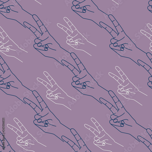 Hand showing two finger icon seamless pattern. Victory symbol. Silhouette purple and white contour on a purple background.