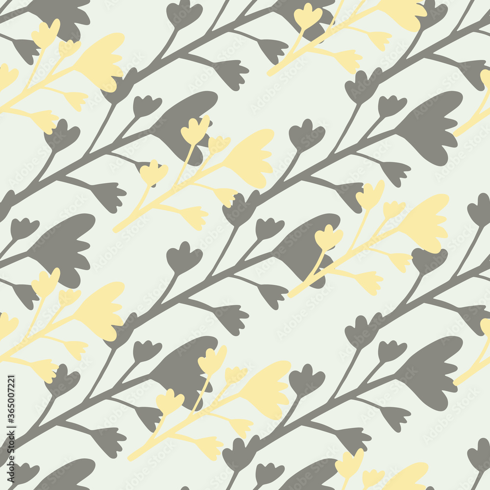 Seamless botanic pattern with grey flowers and branches silhouettes. Little orange elements. Floral backdrop. Seamless botanic pattern with grey flowers and branches silhouettes. Little orange elements. Floral backdrop.