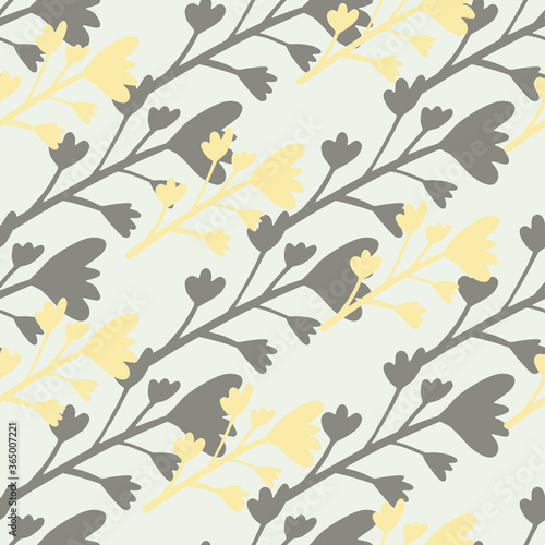 Seamless botanic pattern with grey flowers and branches silhouettes. Little orange elements. Floral backdrop.