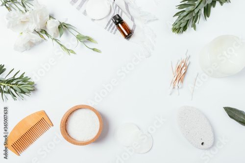 Flat lay frame composition of organic cosmetics