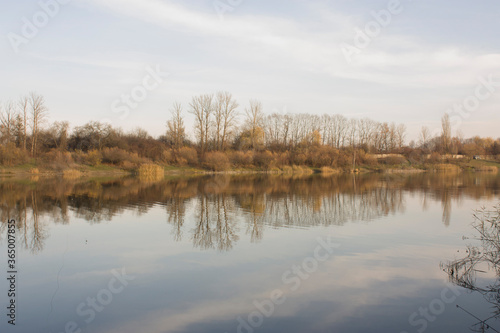 the bank of autumn lake water reflection smooth water