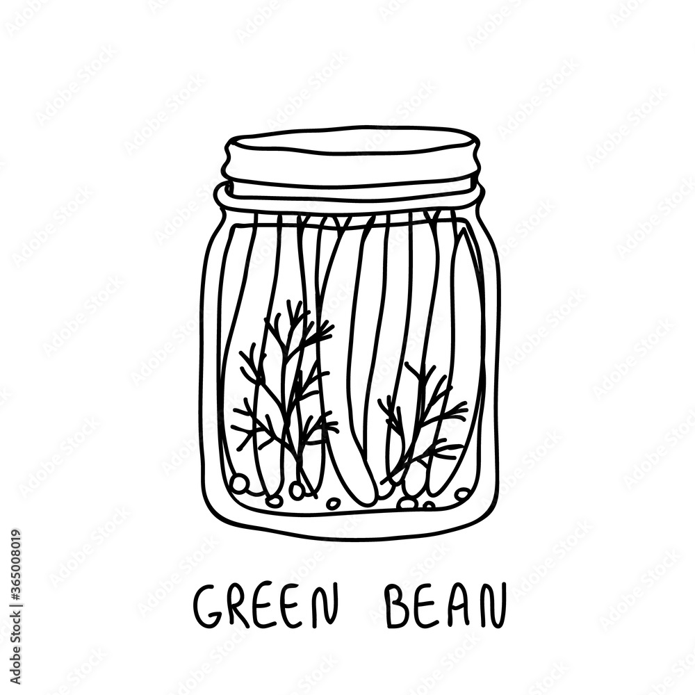 Vector icon of a green bean in a glass jar. Hand drawn food illustration. Vector icon of a green bean in a glass jar. Hand drawn food illustration.