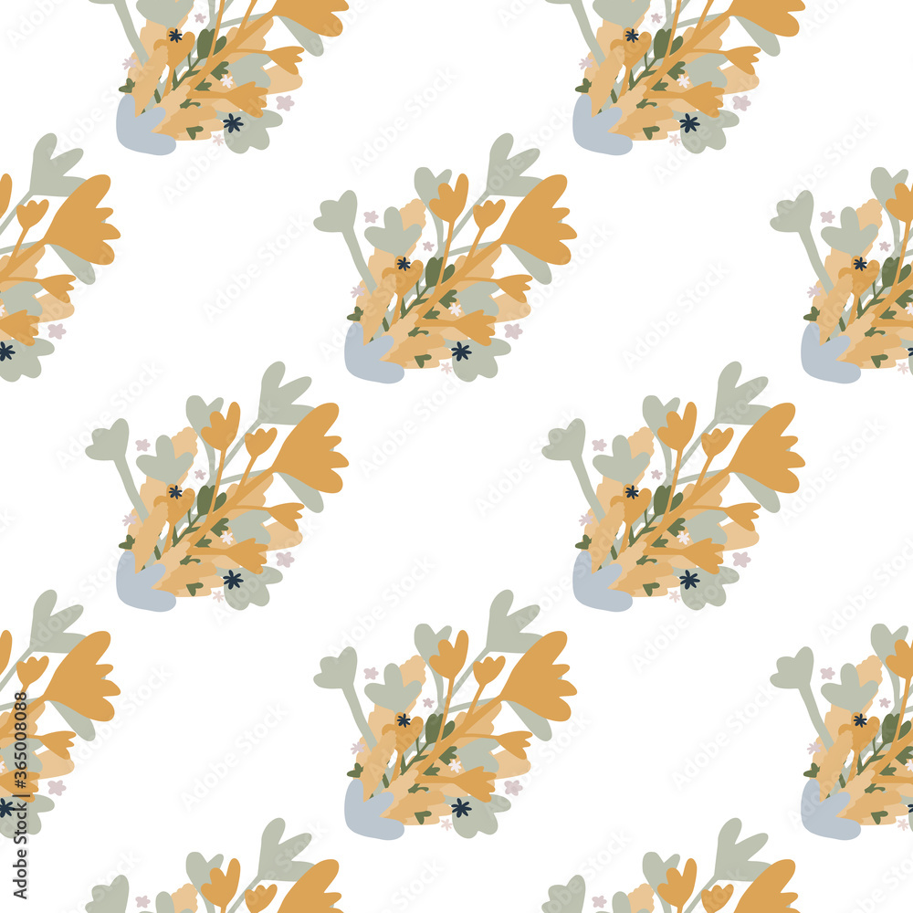Isolated seamless pattern with flowers bouquet in orange and blue colors on white background. Simple naive design.